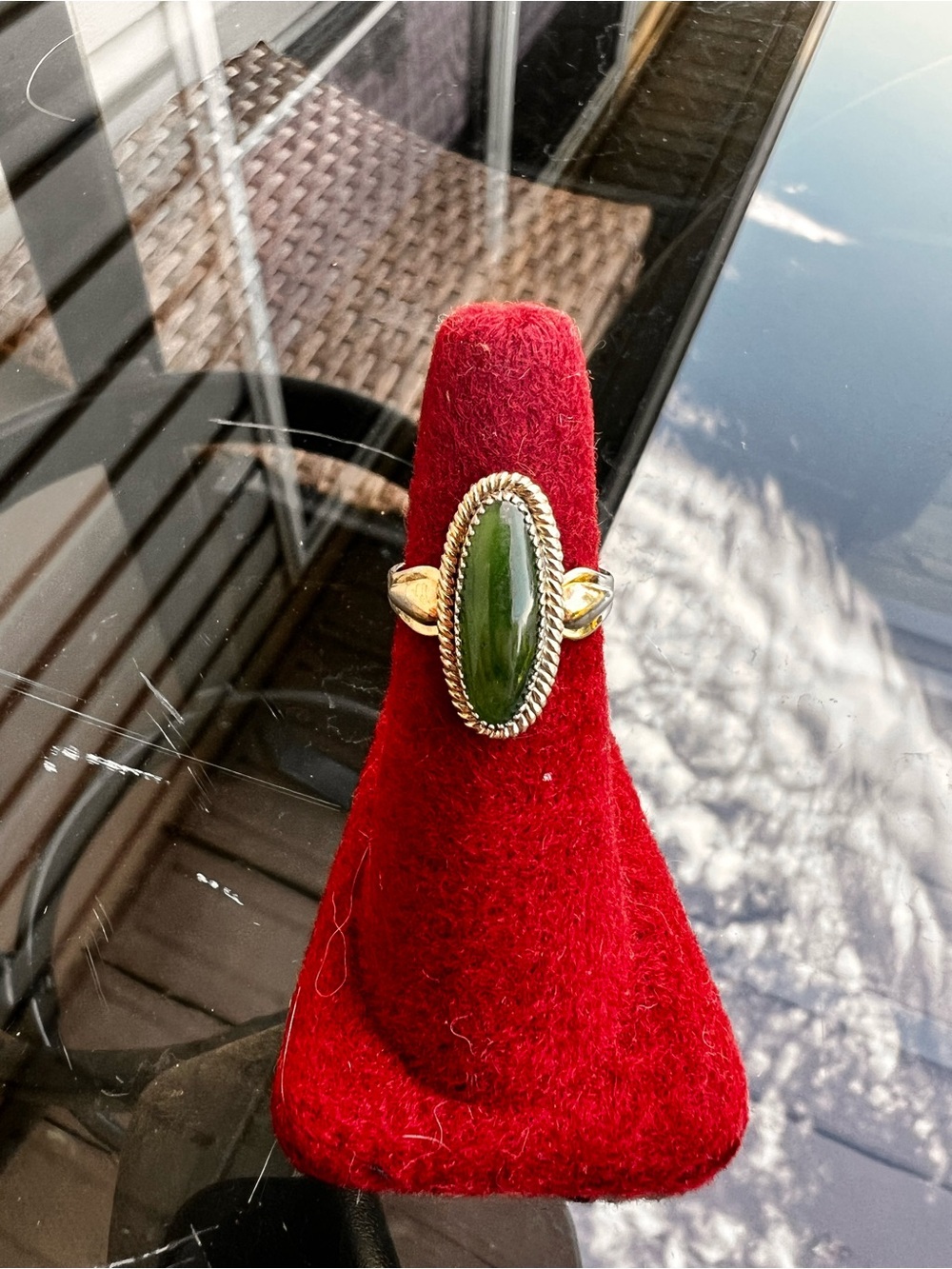 Gold-Tone Ring with Oval Green Stone - Women's Jewelry